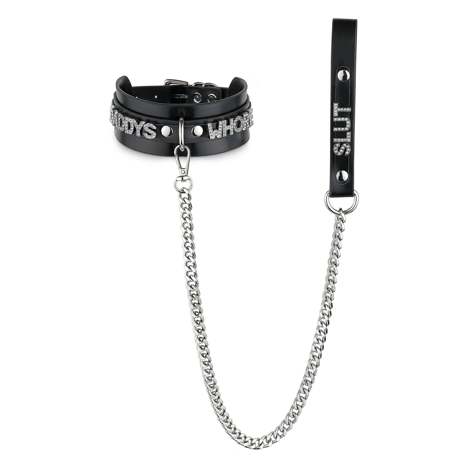 Custom Rhinestone Collar & Chain Leash Set Black Vegan Leather Choker ademishia Custom Rhinestone Collar & Chain Leash Set Black Vegan Leather Choker ademishia